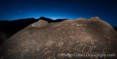 Sunset, planet Venus and stars over Sky Rock.  Sky Rock petroglyphs near Bishop, California. Hidden atop an enormous boulder in the Volcanic Tablelands lies Sky Rock, a set of petroglyphs that face the sky. These superb examples of native American petroglyph artwork are thought to be Paiute in origin, but little is known about them.