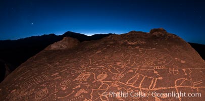 Sunset and stars over Sky Rock.  Sky Rock petroglyphs near Bishop, California. Hidden atop an enormous boulder in the Volcanic Tablelands lies Sky Rock, a set of petroglyphs that face the sky. These superb examples of native American petroglyph artwork are thought to be Paiute in origin, but little is known about them