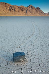 A sliding rock of the Racetrack Playa.  The sliding rocks, or sailing stones, move across the mud flats of the Racetrack Playa, leaving trails behind in the mud.  The explanation for their movement is not known with certainty, but many believe wind pushes the rocks over wet and perhaps icy mud in winter. Death Valley National Park, California, USA, natural history stock photograph, photo id 25325