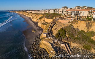 Solana Beach coastline with seawalls and stairs, aerial photo, Encinitas, California
