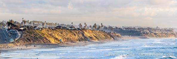South Carlsbad State Beach and campground at sunset, sea cliffs and bluffs. Coast Highway to the left, Ponto Beach and Encinitas/Leucadia to the right