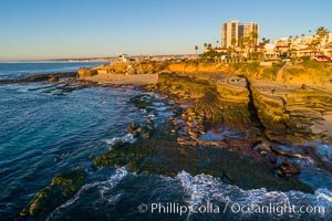 South Casa Beach and Submarine Reef System, at extreme low King Tide, La Jolla, aerial panoramic photo