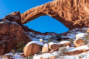 South Window, eastern face, sunrise, winter, Arches National Park, Utah