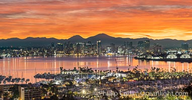 Spectacular Sunrise over San Diego Bay and Downtown San Diego. Mount San Miguel and Mount Lyons in the distance. Shelter Island in the foreground.  Viewed from Point Loma