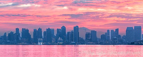 Spectacular Sunrise over San Diego Bay and Downtown San Diego. Mount San Miguel in the distance
