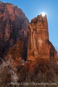 The Pulpit in the Temple of Sinawava, backlit by sun, early morning, Zion Canyon, Utah