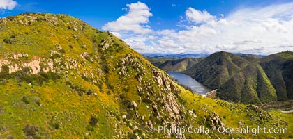 Spring Flowers and Grasses above Lake Hodges, aerial panoramic photo, Del Dios and Lake Hodges, San Diego