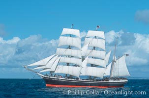 The Star of India under full sail offshore of San Diego. The Star of India is the worlds oldest seafaring ship.  Built in 1863, she is an experimental design of iron rather than wood.  She is now a maritime museum docked in San Diego Harbor, and occasionally puts to sea for special sailing events