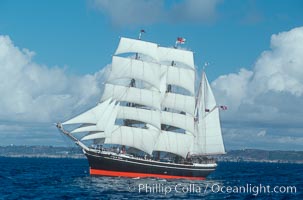 The Star of India under full sail offshore of San Diego. The Star of India is the worlds oldest seafaring ship.  Built in 1863, she is an experimental design of iron rather than wood.  She is now a maritime museum docked in San Diego Harbor, and occasionally puts to sea for special sailing events