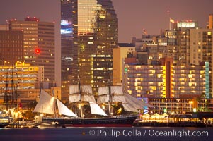 The Star of India is tied to her dock along the waterfront of San Diego harbor