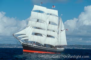 The Star of India under full sail offshore of San Diego. The Star of India is the worlds oldest seafaring ship.  Built in 1863, she is an experimental design of iron rather than wood.  She is now a maritime museum docked in San Diego Harbor, and occasionally puts to sea for special sailing events