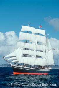 The Star of India under full sail offshore of San Diego. The Star of India is the worlds oldest seafaring ship.  Built in 1863, she is an experimental design of iron rather than wood.  She is now a maritime museum docked in San Diego Harbor, and occasionally puts to sea for special sailing events