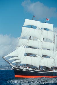 The Star of India under full sail offshore of San Diego. The Star of India is the worlds oldest seafaring ship.  Built in 1863, she is an experimental design of iron rather than wood.  She is now a maritime museum docked in San Diego Harbor, and occasionally puts to sea for special sailing events