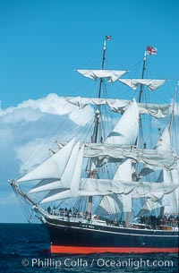 The Star of India under full sail offshore of San Diego. The Star of India is the worlds oldest seafaring ship.  Built in 1863, she is an experimental design of iron rather than wood.  She is now a maritime museum docked in San Diego Harbor, and occasionally puts to sea for special sailing events