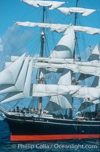 The Star of India under full sail offshore of San Diego. The Star of India is the worlds oldest seafaring ship.  Built in 1863, she is an experimental design of iron rather than wood.  She is now a maritime museum docked in San Diego Harbor, and occasionally puts to sea for special sailing events