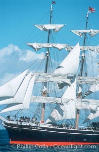 The Star of India under full sail offshore of San Diego. The Star of India is the worlds oldest seafaring ship.  Built in 1863, she is an experimental design of iron rather than wood.  She is now a maritime museum docked in San Diego Harbor, and occasionally puts to sea for special sailing events
