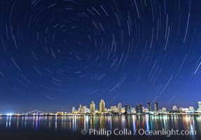 Star Trails over the San Diego Downtown City Skyline.  In this 60 minute exposure, stars create trails through the night sky over downtown San Diego