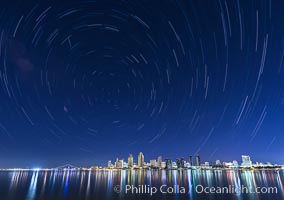 Star Trails over the San Diego Downtown City Skyline.  In this 60 minute exposure, stars create trails through the night sky over downtown San Diego