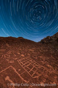 Star Trails over Sky Rock. Sky Rock petroglyphs near Bishop, California. Hidden atop an enormous boulder in the Volcanic Tablelands lies Sky Rock, a set of petroglyphs that face the sky. These superb examples of native American petroglyph artwork are thought to be Paiute in origin, but little is known about them.