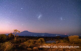 Stars and Magellanic Clouds over Mount Kilimanjaro before Sunrise, from Tortilis Camp