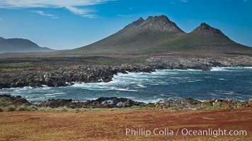 Steeple Jason Island, southwestern exposure, looking south pass the isthmus toward the southern half of the island.  Steeple Jason is one of the remote Jason Group of Islands in the West Falklands.  Uninhabited, the island is spectacular both for its rugged scenery and its enormous breeding colony of black-browed albatross.  Steeple Jason Island is now owned and administered by the Wildlife Conservation Society