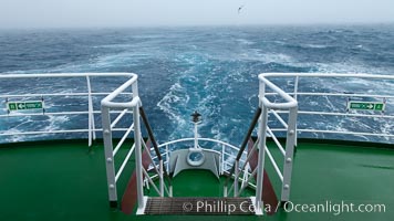 Stern of the M/V Polar Star, foggy weather, sea birds flying in the wake of the ship, at sea