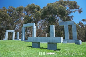 Stonehenge, or what is officially known as the La Jolla Project, was the third piece in the Stuart Collection at University of California San Diego (UCSD).  Commissioned in 1984 and produced by Richard Fleishner, the granite blocks are spread on the lawn south of Galbraith Hall on Revelle College at UCSD, University of California, San Diego