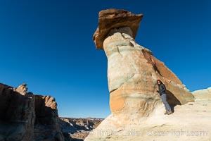 Pedestal rock, or hoodoo, at Stud Horse Point. These hoodoos form when erosion occurs around but not underneath a more resistant caprock that sits atop of the hoodoo spire. Stud Horse Point is a spectacular viewpoint on a mesa overlooking the Arizona / Utah border, Page