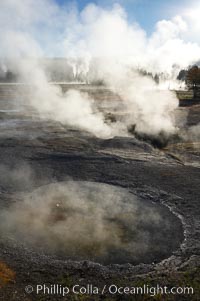 Sunlight and steam, early morning, Lower Geyser Basin, Yellowstone National Park, Wyoming