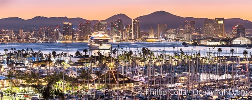 Sunrise City Lights on San Diego Bay, with San Diego Yacht Club marina.  Mount San Miguel and Lyons Peak are in the distance
