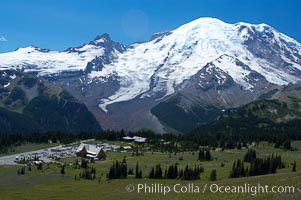 Mount Rainier rises above the Sunrise Visitor Center, eastern exposure of Mount Rainier.