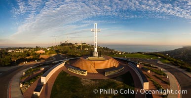 Sunrise over The Mount Soledad Cross, a landmark in La Jolla, California. The Mount Soledad Cross is a 29-foot-tall cross erected in 1954. Aerial photo