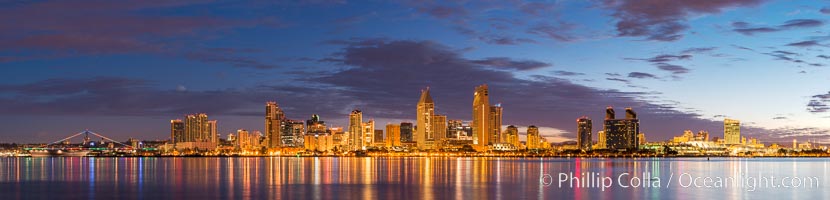 Dawn breaks over the San Diego harborfront skyline, enormous high resolution panorama