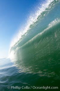 Breaking wave about to become a barrel tube, morning surf. Carlsbad.