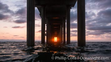 Scripps Pier solstice, surfer's view from among the waves, sunset aligned perfectly with the pier. Research pier at Scripps Institution of Oceanography SIO, sunset, La Jolla, California