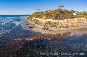 Swamis Reef exposed at extreme low King Tide, Encinitas, aerial panoramic photo