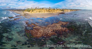 Tabletop Reef at extreme low tide, King Tide, Solana Beach, aerial panoramic photo