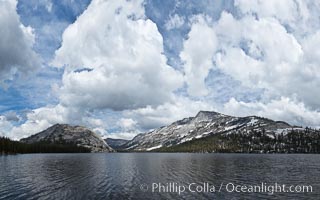 Tenaya Lake in Yosemite National Park's high country, with Pywiack Dome, Medlicott Dome and Mount Conness in the distance