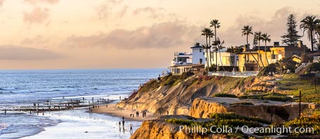 Terramar Point at Sunset, in South Carlsbad. Seacliffs, bluffs, beach and reef exposed at low tide