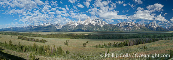 Panorama of the Teton Range, in Grand Teton National Park, Wyoming.  The Teton peaks are seen together at center with Mount Moran to the right.