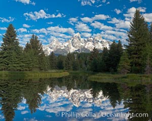 The Grand Tetons, reflected in the glassy waters of the Snake River at Schwabacher Landing, on a beautiful summer morning, Grand Teton National Park, Wyoming