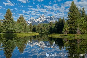 The Grand Tetons, reflected in the glassy waters of the Snake River at Schwabacher Landing, on a beautiful summer morning, Grand Teton National Park, Wyoming