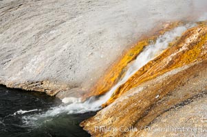 Thermophilac heat-loving bacteria color the runoff canals from Excelsior Geyser as it empties into the Firehole River, Midway Geyser Basin, Yellowstone National Park, Wyoming