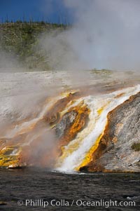 Thermophilac heat-loving bacteria color the runoff canals from Excelsior Geyser as it empties into the Firehole River, Midway Geyser Basin, Yellowstone National Park, Wyoming