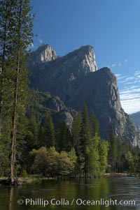 Three Brothers rises above the Merced River, Yosemite Valley, Yosemite National Park, California