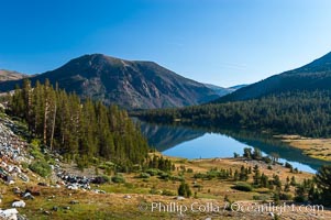 Tioga Lake viewed from Tioga Pass in the High Sierra.  The elevation of the lake is 9561.  California, Yosemite National Park