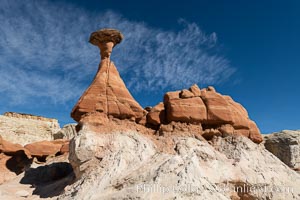 Toadstool Hoodoos near the Paria Rimrocks, Grand Staircase Escalante National Monument. These hoodoos form when erosion occurs around but not underneath a more resistant caprock that sits atop of the hoodoo spire, Grand Staircase - Escalante National Monument, Utah