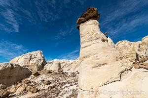 Toadstool Hoodoos near the Paria Rimrocks, Grand Staircase Escalante National Monument. These hoodoos form when erosion occurs around but not underneath a more resistant caprock that sits atop of the hoodoo spire, Grand Staircase - Escalante National Monument, Utah