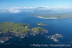 Blunden Island (foreground) and Vargas Island (distance), surrounded by the waters of Clayoquot Sound, west coast of Vancouver Island, Tofino, British Columbia, Canada