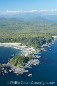 Cow Bay (left) and Flores Island, aerial photo, part of Clayoquot Sound, near Tofino on the west coast of Vancouver Island